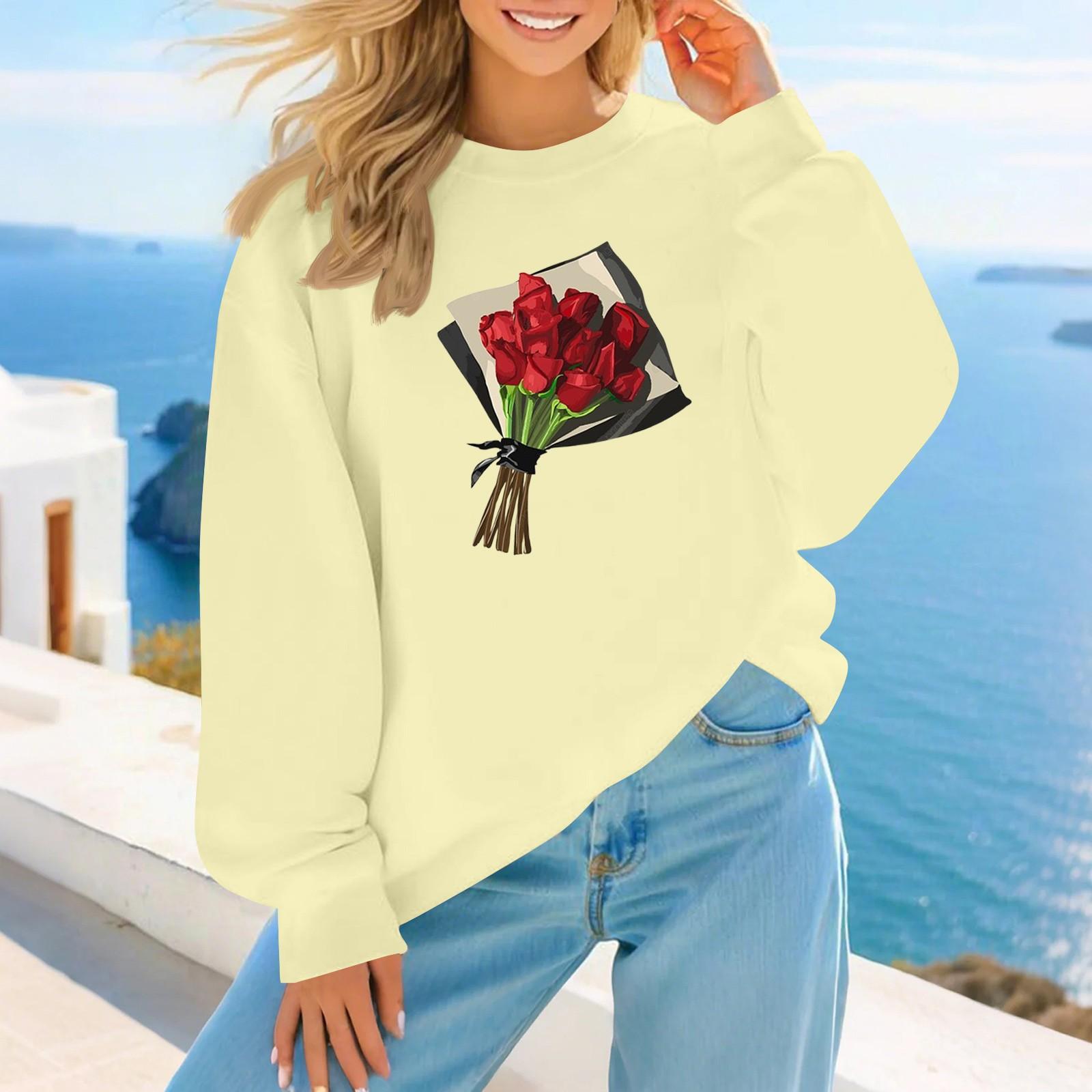 Женская мода повседневная рождественская принтованная осень и зима свободный круглый вырез пуловер свитшот топ L бежевый 1627₽