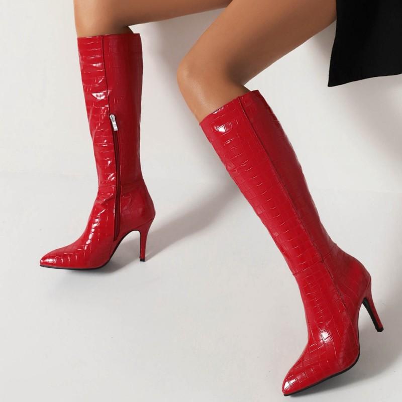 Snake Leather Women High Knee Boots Pointed Toe Thin Heel Zipper Cowboy Boots Winter Shoes Ladies Footwear Large Size 45 48