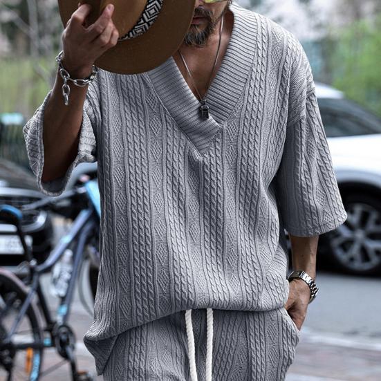 Men T-shirt V-Neck Short Sleeve Twist Jacquard Texture Tee Shirt Solid Color Loose Fit Summer Knitting Tops