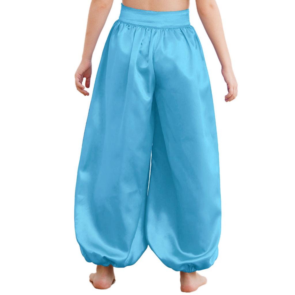 Completo da Danza del Ventre per Ragazze Rete Manica Lunga Monospalla Lucido Paillettes Crop Top Pantaloni Bloomers Satinati Gamba Larga