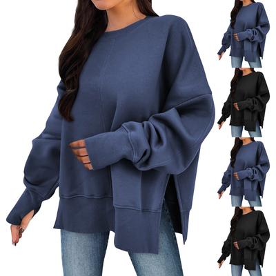 Women's Solid Color Slit Round Neck Sweatshirt Casual Top Loose Long Sleeved Top