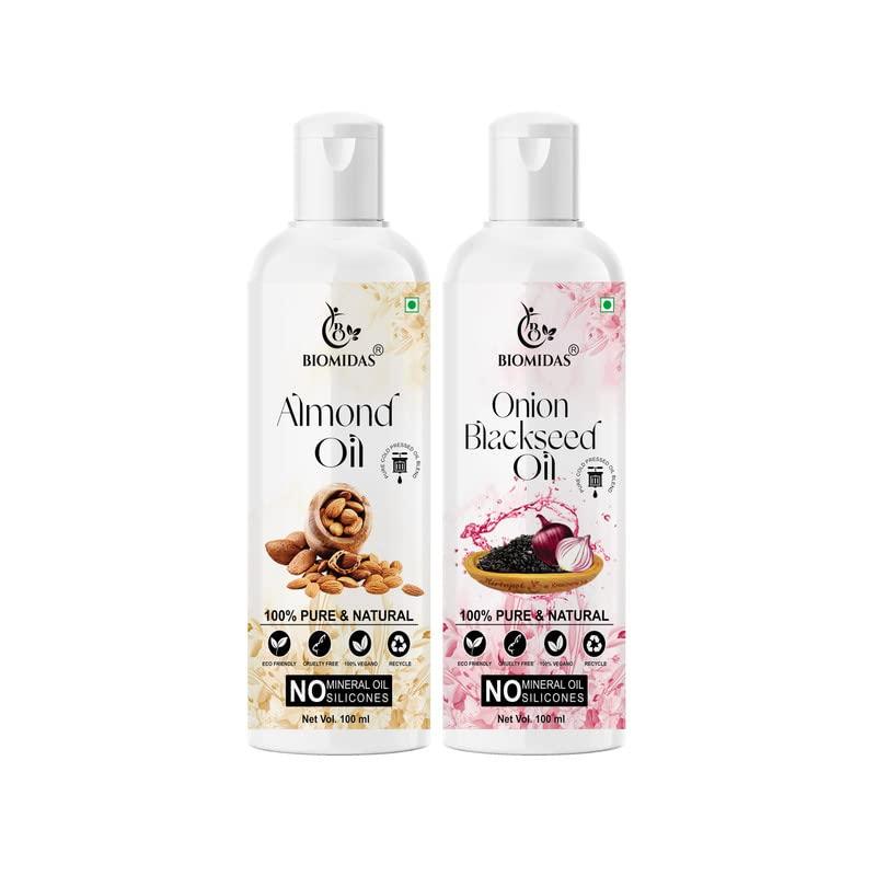 Biomidas 100% reines Mandelöl 100ml & Zwiebel-Schwarzkümmelöl 100ml Kombipackung für schnelles Haarwachstum, Haarausfall, Spliss & fördert weicheres & glänzenderes Haar