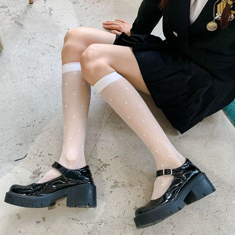 JK Sexy Calze Lunghe Nere a Pois Rete Ultra-sottile Rete Alta Ginocchio Donna Estate Sottili Trasparenti Calze Lolita