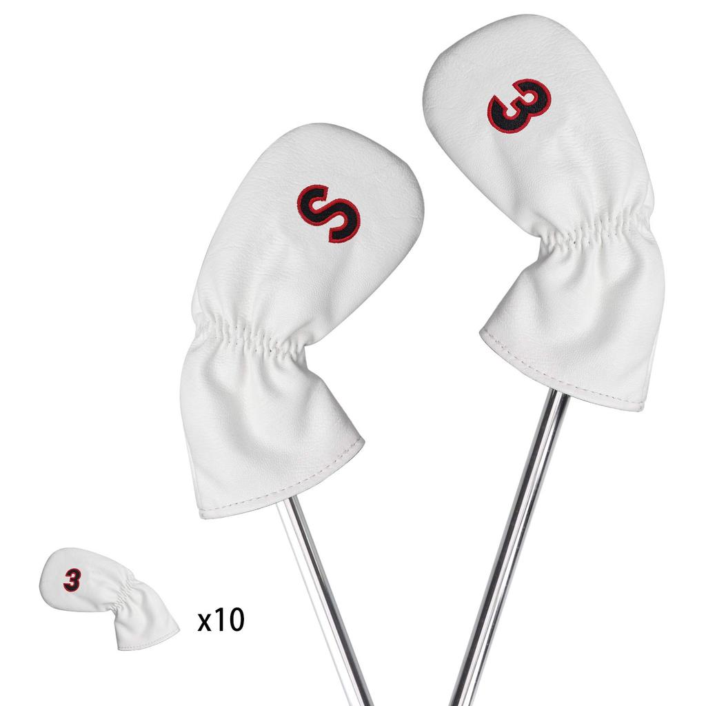 Golf head cover iron club set for men, left and right, 10 pieces (3-9, P, A, S) Red, number embroidery on both sides, white, synthetic leather, PU
