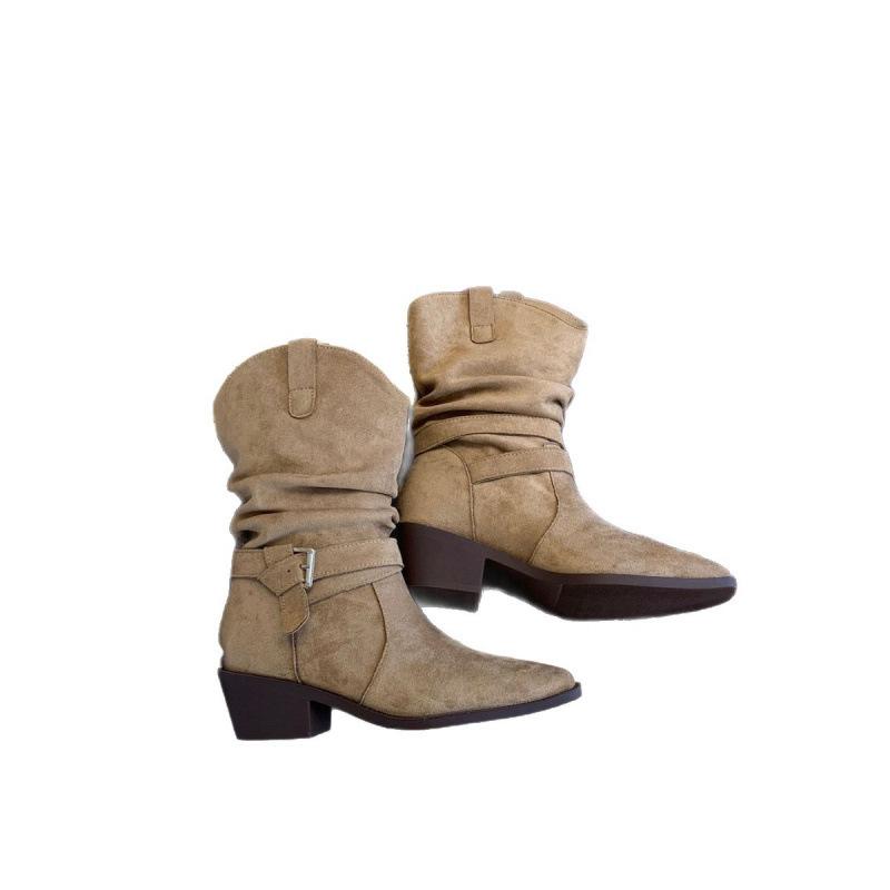 2025 autumn and winter Martin boots V mouth slim small square head retro thick heel belt buckle short boots women Maillard