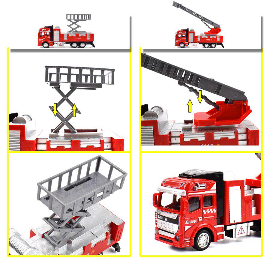 Ids Toy Fire Truck Model Alloy Diecast Inertia Fire Ladder Vehicle Rescue Transport Car Educational Toys for Children Boys Gift