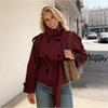 Womens Short Double-Breasted Trench Coat With Collar Tie Belt Loose Fit Long Sleeve Streetwear