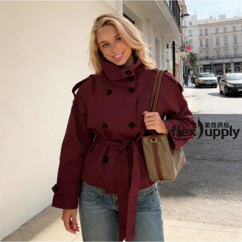 Womens Short Double-Breasted Trench Coat With Collar Tie Belt Loose Fit Long Sleeve Streetwear