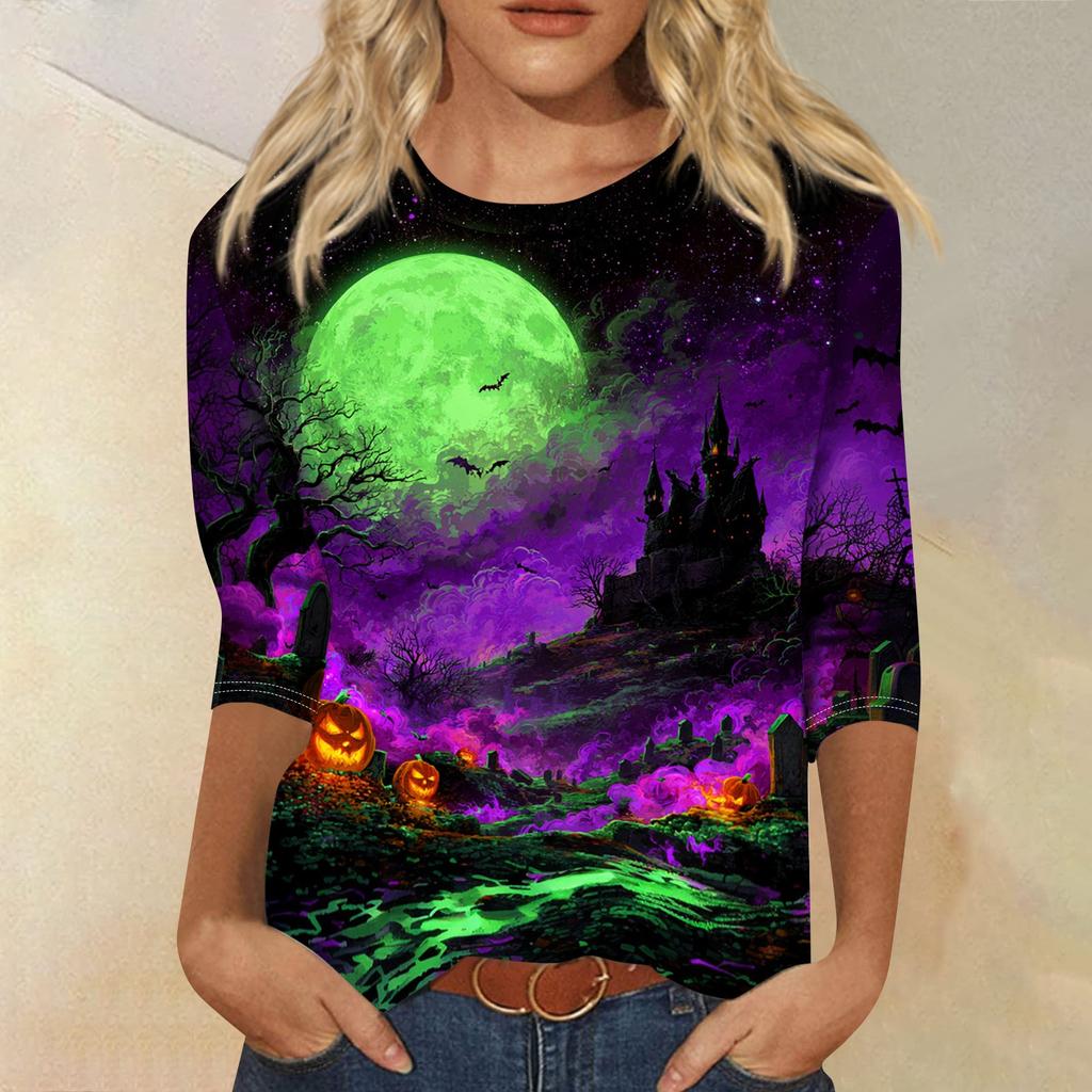 Women Halloween Pumpkin Print 3/4 Sleeve Shirt Round Neck Loose Fit Casual T-Shirt Top for Fall Seasonal Wear