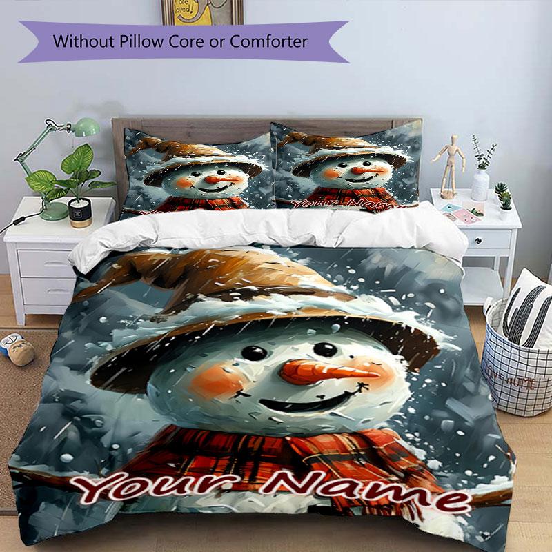 3PC Custom Name Snowman Winter Magic Bedding Set Duvet Cover Closure Includes 1 Duvet Cover & 2 Pillowcases for Bedroom