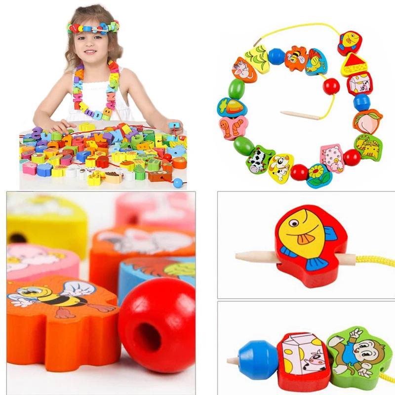 Wooden Toy 4-in-1 Fishing Game Stacking Blocks Lacing Beads Pattern Shape Matching Toys for Toddlers Kids