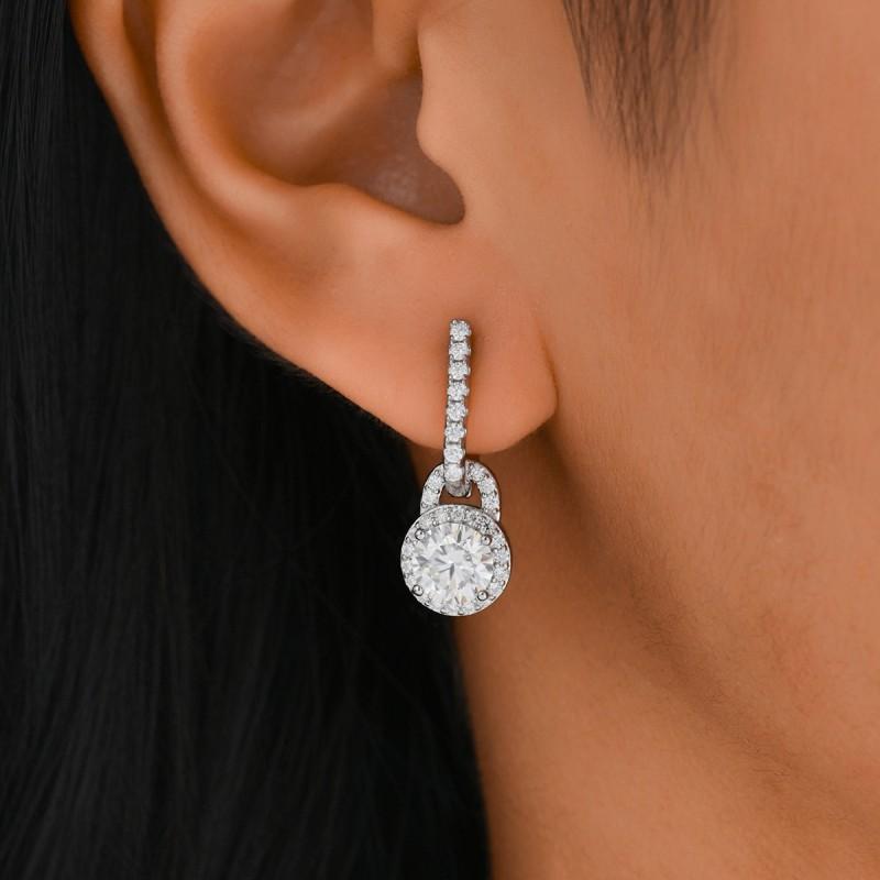 Womens Geometric Lock-Shape Cubic Zirconia Stud Earrings With Halo Setting Sterling Hypoallergenic Lightweight Luxury