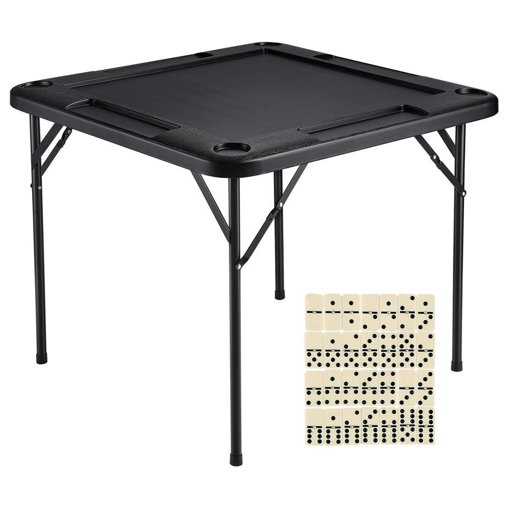 Mahjong Table, Square 4 Player Folding Card Table with 4 Cup Holders & 4 Chip Trays, Portable Domino Game Table with 1 Set of Dominoes for Mahjong