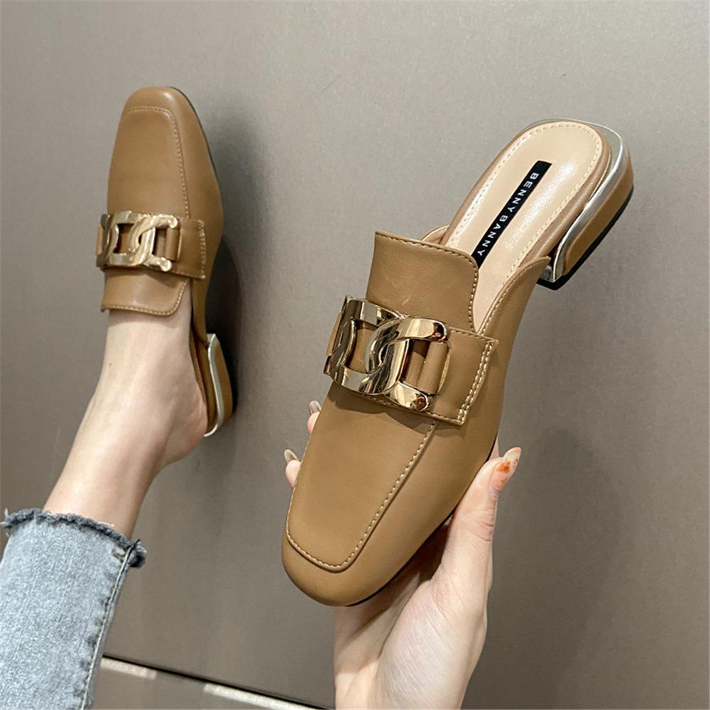 Leather sandals bag head half slippers women's summer wear fashion 2025 new sandals thick heel single shoes Internet celebrity muller shoes