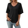 Women's Solid Color V-Neck Lotus Leaf Sleeve Short Sleeve T-Shirt Top Women