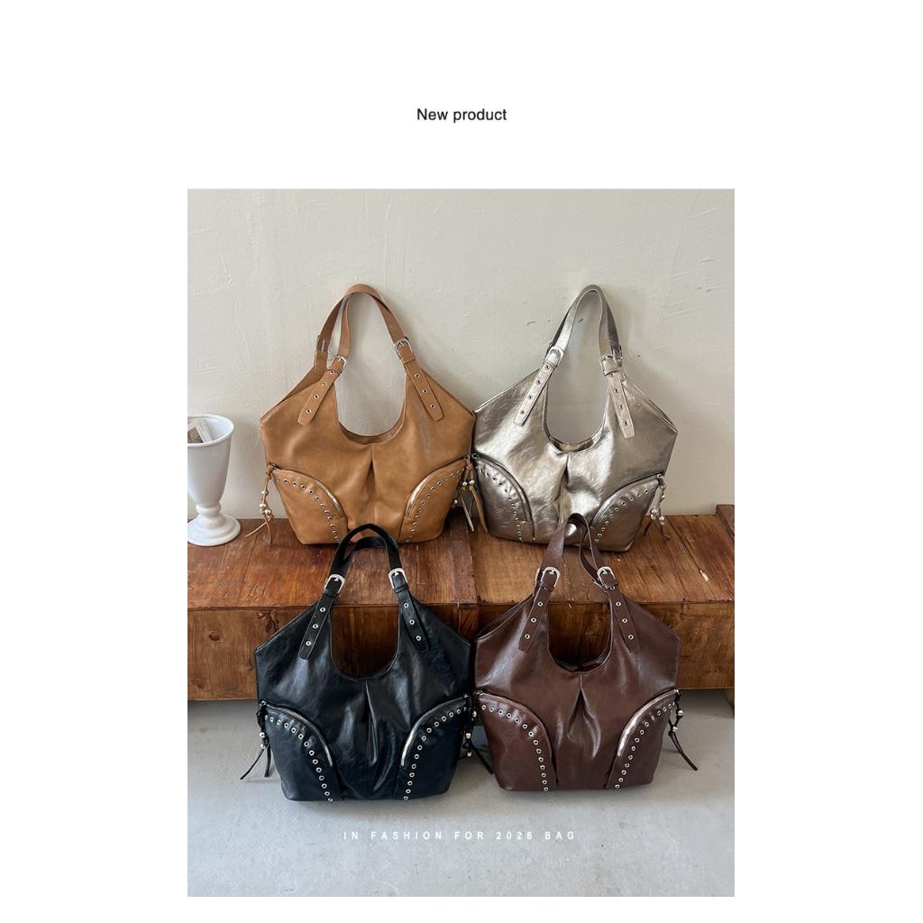 Tote Bag Women PU Single Shoulder Studded Large Capacity Multi Pocket Adjustable Strap Daily