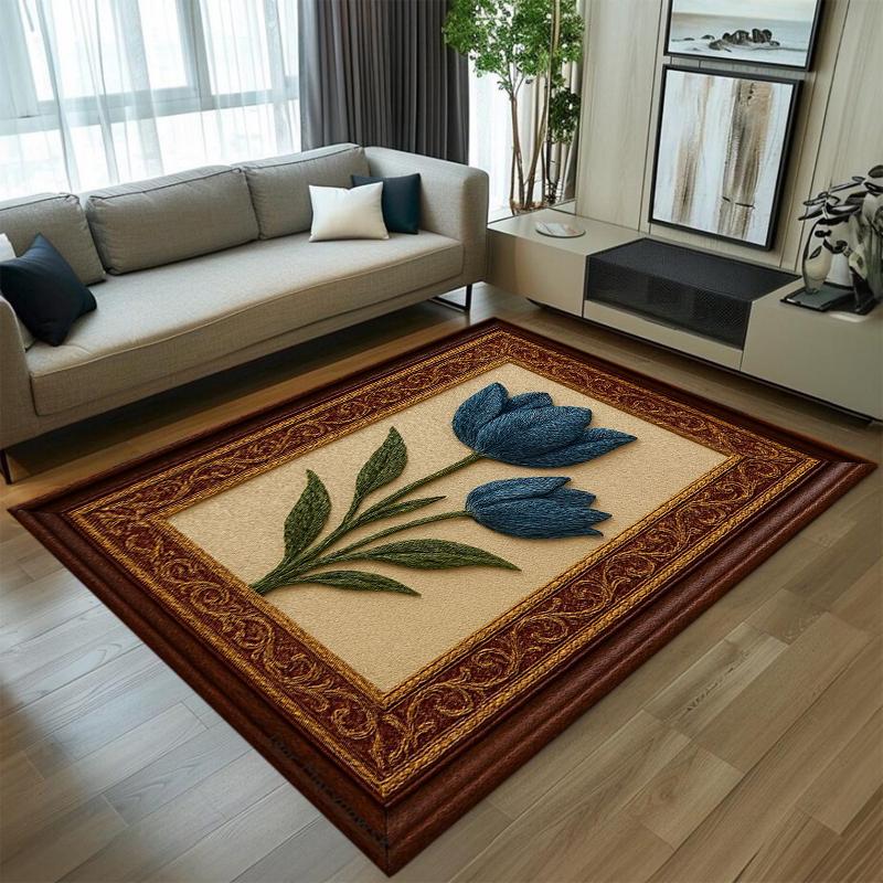 Tulip Flower Pattern Carpet Mat Rug Home Decoration Red Tulip Green Leaf Dark Green Background Floor Decor Living Room