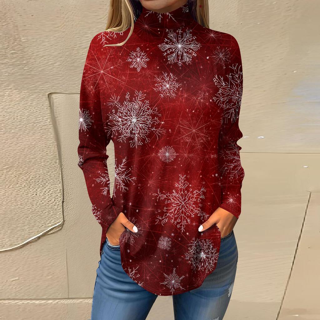 Women's Fashionable Loose-Fit High-Neck T-Shirt With Christmas Print Long-Sleeved Top