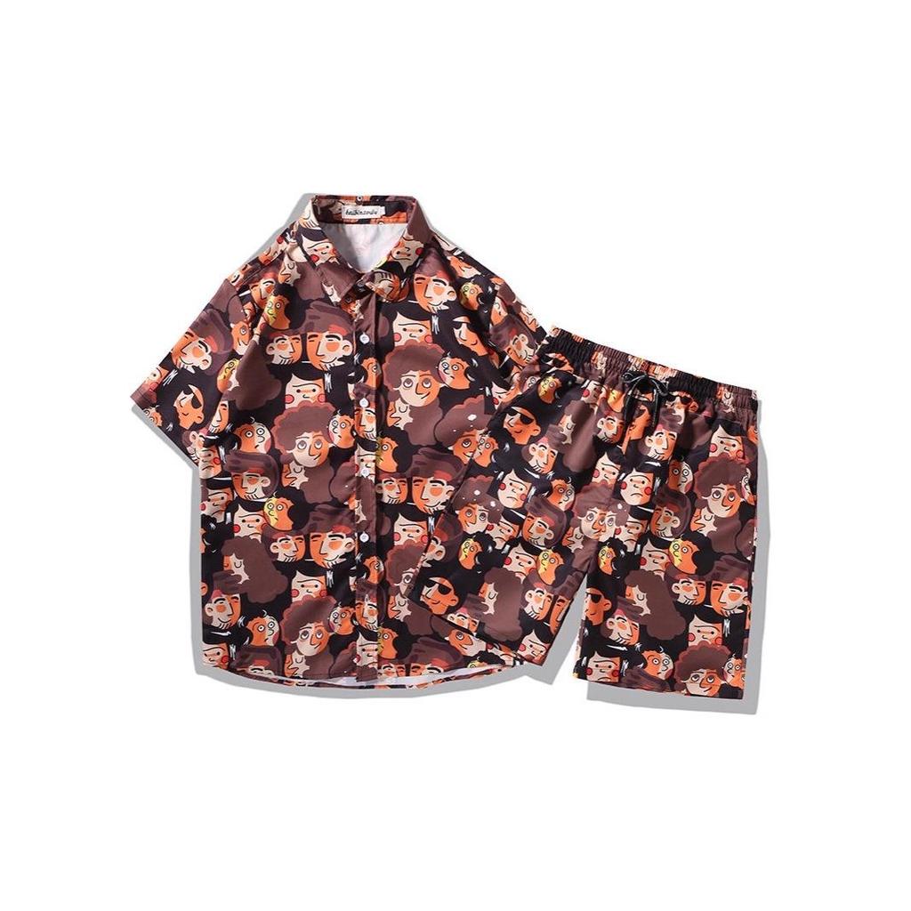 Men's Retro Floral Short-Sleeve Shirt & Beach Shorts Set for Seaside Vacations