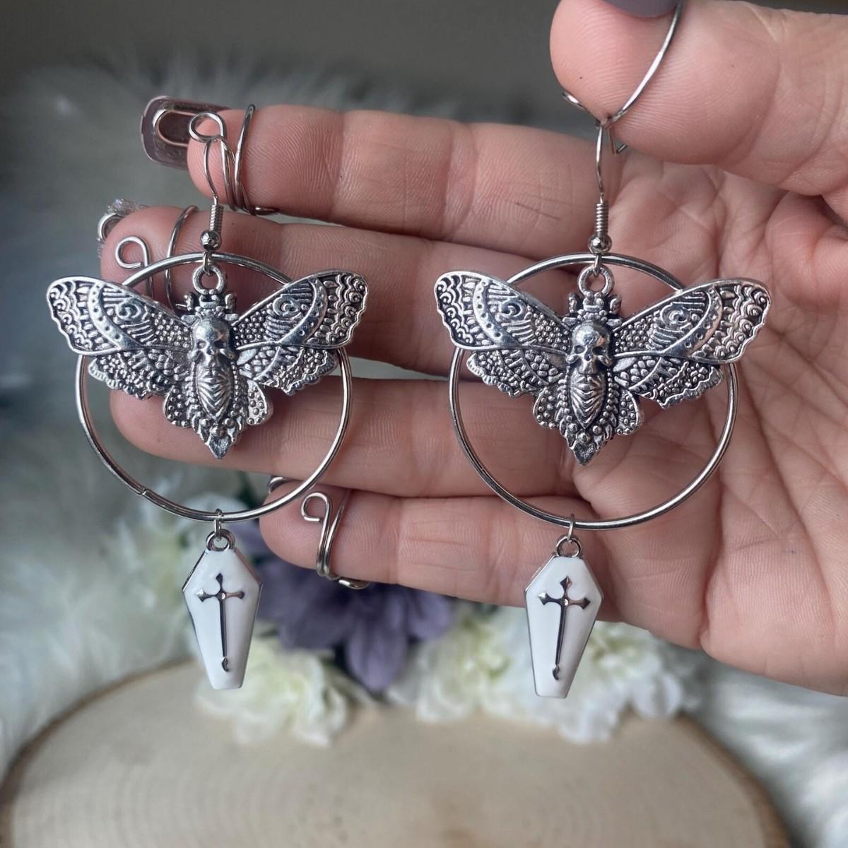 

Gothic Coffin Earrings, Death Moth Pendant, Cross Dangle Earrings, Vintage Statement Earrings