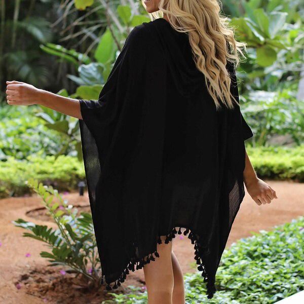 Summer Women Boho Transparent Beach Dress Bikini Cover Up Tassel Chiffon Hooded Sundress Cover-up