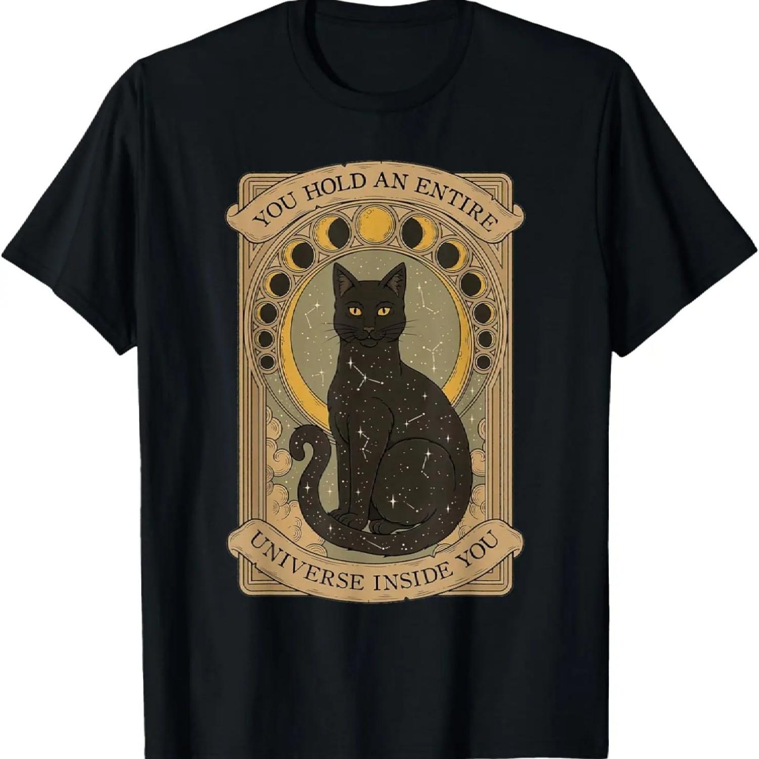 Black Cat Boho Tarot Card Crescent Moon Phases Astrology T-Shirt XXXXXL чёрный