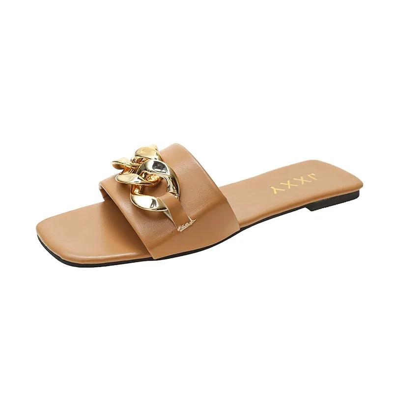 Fashion Wide Fit Slip-On Metal Chain Decor Slides For Women, Breathable Open-Toe Summer Casual Sandals With Adjustable Strap