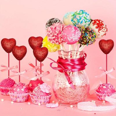 50 Pcs Valentine's Day Glitter Foam Hearts Picks Sparkly Foam Hearts Stems Wooden Glitter Heart Puffy Heart Picks for Valentine Flower Arrangements