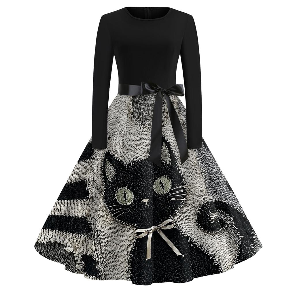 Damen Vintage Rundhals Langarmkleid mit Halloween-Print für Freizeit und Alltag