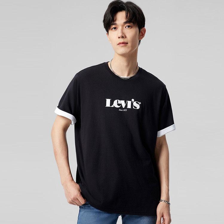 Levis Color Block Letter Print Cotton Crew Neck Short Sleeve T-Shirt Men Tops Black 16143-0084