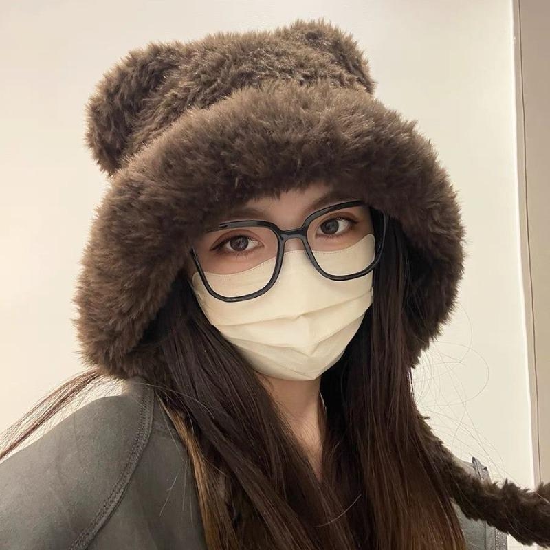 Hat Female New Autumn and Winter Cute Plush Bear Hat Warm Ear Protection Big Head Circumference Winter