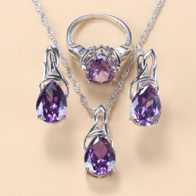 Niebieska Biżuteria Wisiorek Kolczyki Naszyjnik i Pierścionek Zestaw Damski