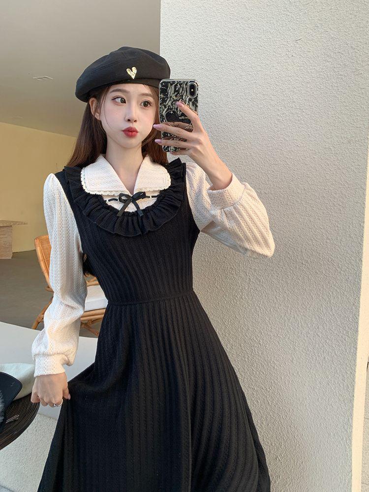 

Autumn and winter new French splicing long-sleeved small black dress dress retro fake two-piece thin temperament skirt trendy S чёрный