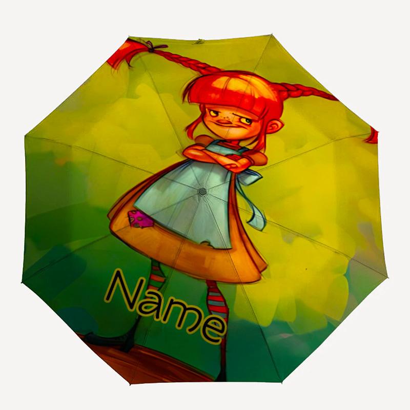 1PC Pippi Longstocking - Custom Name Automatic Folding Umbrella - Compact 8-Rib Design, Durable Plastic & Iron, Daily Use S0106019