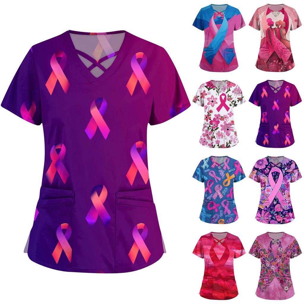 Women's Fashion  V-Neck Short Sleeve Overalls Double Layer Pocket Printed Tops  Apparel