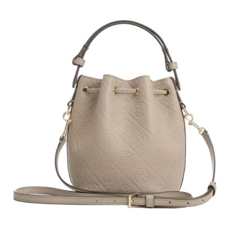 Tory Burch T Monogram Classic Logo Embossed Solid Color Bucket Bag Leather Mini Shoulder Tote Women bags Light-Beige 175526-200