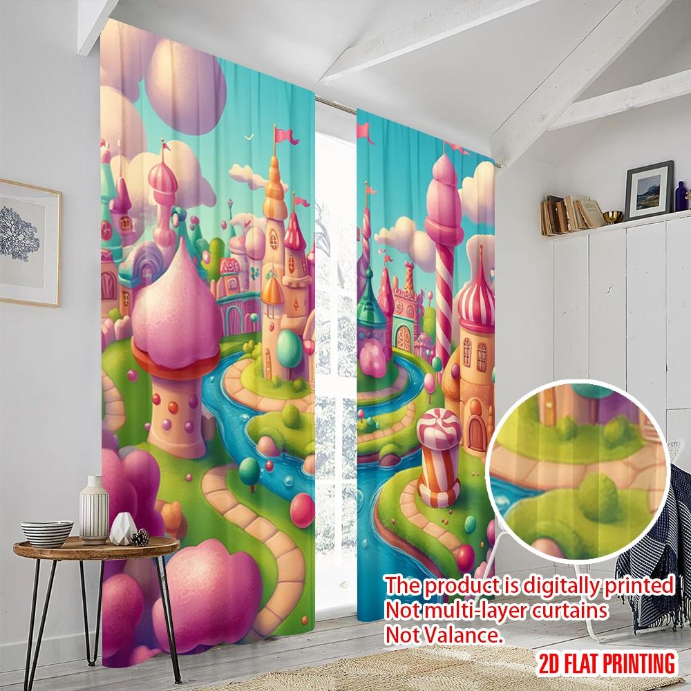 2pcs,2D Plane Printing Popular Curtains Candy Castle Sweet Dreamscape (2) Durable 100% Polyester Fabric (without Rod) Versatile
