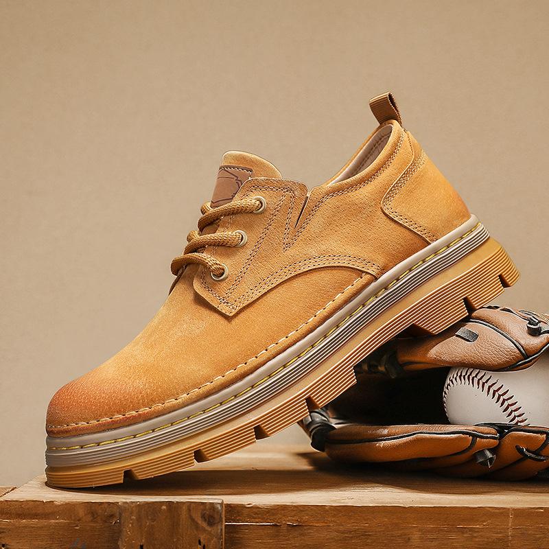 [Thick sole heightening] Tooling shoes men's spring low-top rhubarb boots lightweight casual leather Martin boots men's