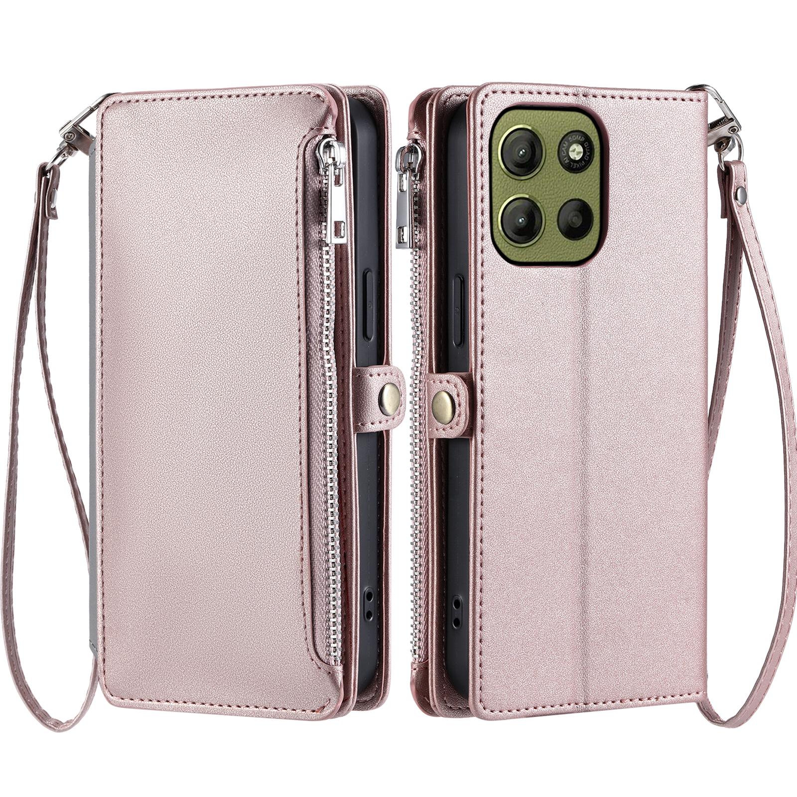 

015 Style For Motorola Moto G15 4G Case TPU+PU Leather Wallet Phone Cover with Straps Rose Gold