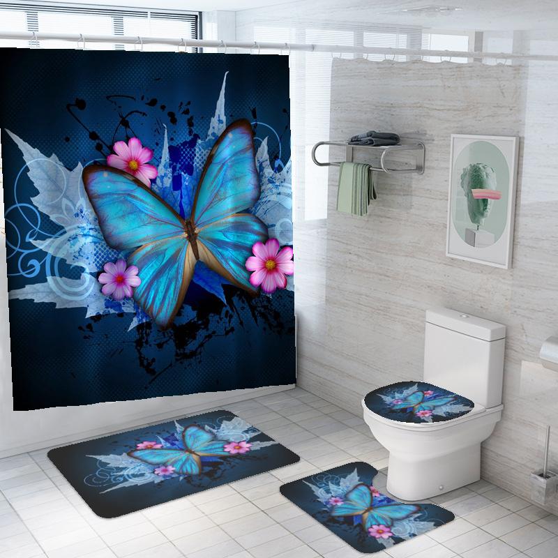 4 STK Luksus Sommerfugl Dusjforhengsett Geometriske Striper Draperier For Baderomstilbehørsett Badekarforheng Med Kroker Vanntett