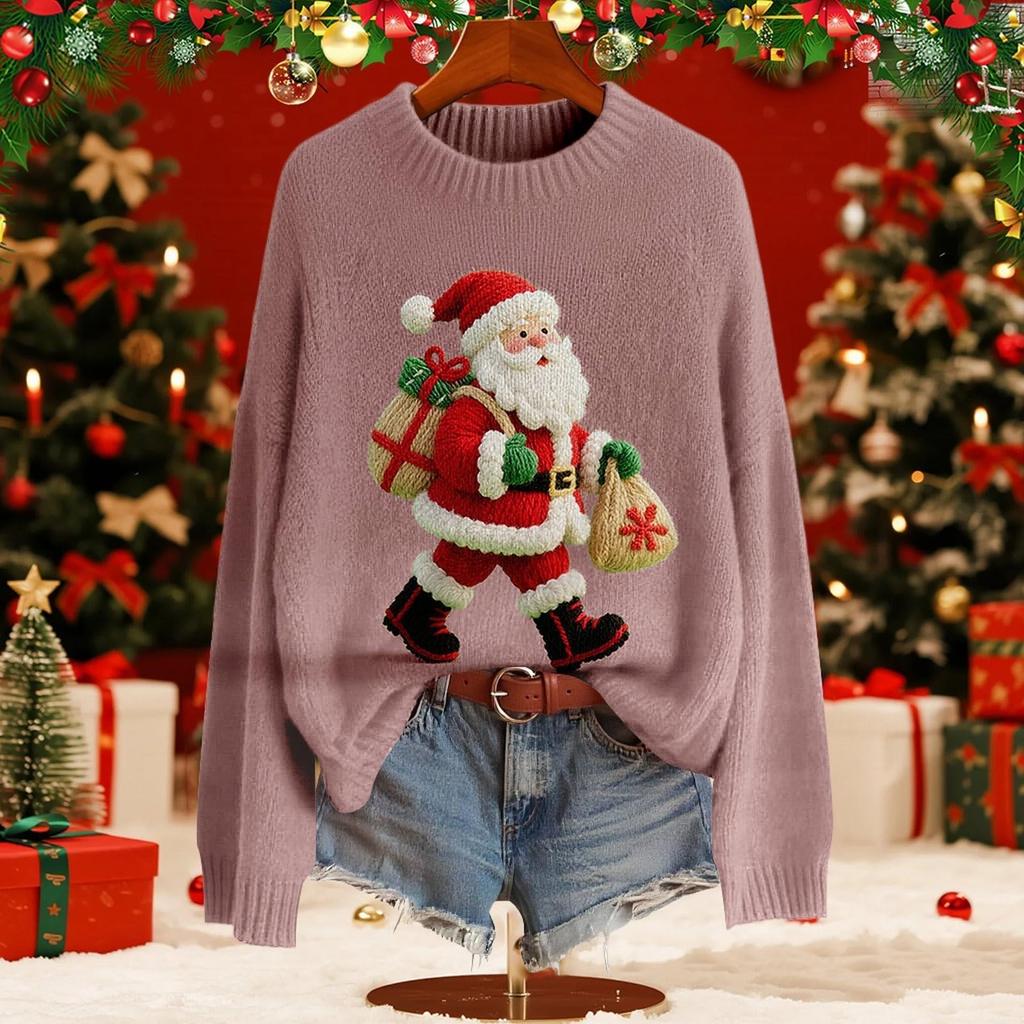 Women's Fashion Christmas Print Pullover Long-Sleeve  Neck Knit Sweater Top