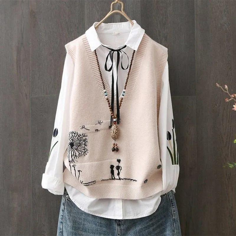 Vyšívaná pletená vesta s výstřihem do V Dámský kreslený vzor Volánkový Volná Bez rukávů Spodní svetr Pulovr Svetrová vesta Ženy