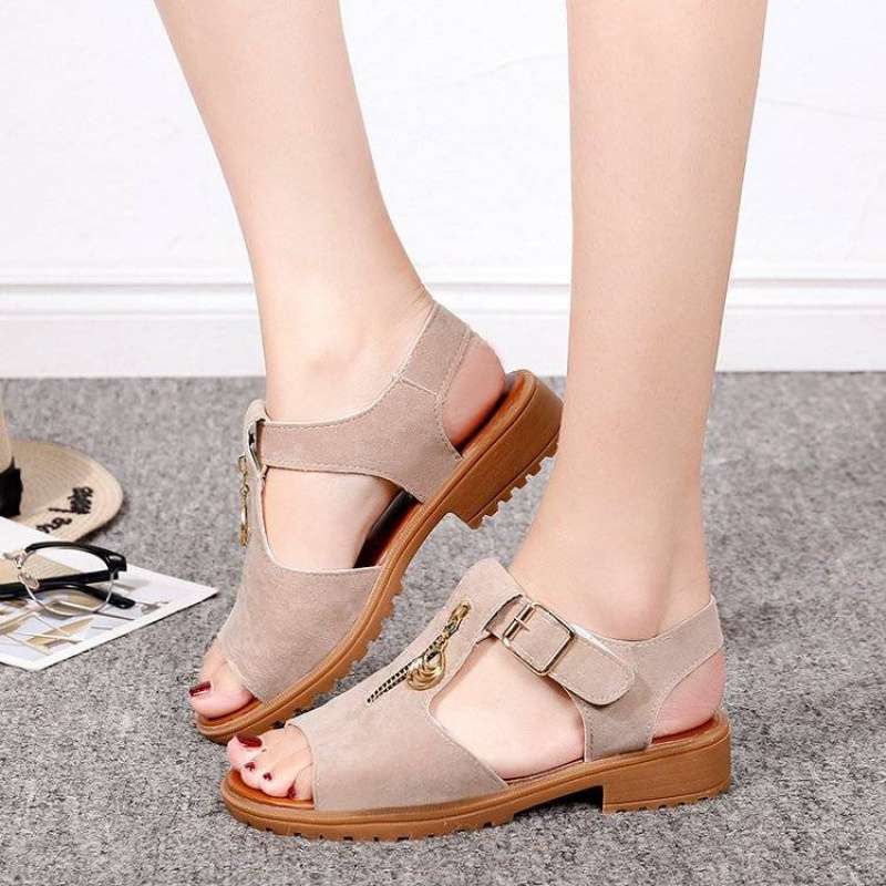 Sandalen Damen Sommer neu Koreanische Version Student Sandalen mit dickem Absatz Zehenfrei einfarbige Schuhe mit Reißverschluss flache Sandalen Damen san