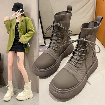 Botas Martin de malha salto alto feminino 2025 outono e inverno novo sola grossa salto grosso botas curtas versão coreana cadarço meias finas elásticas bota