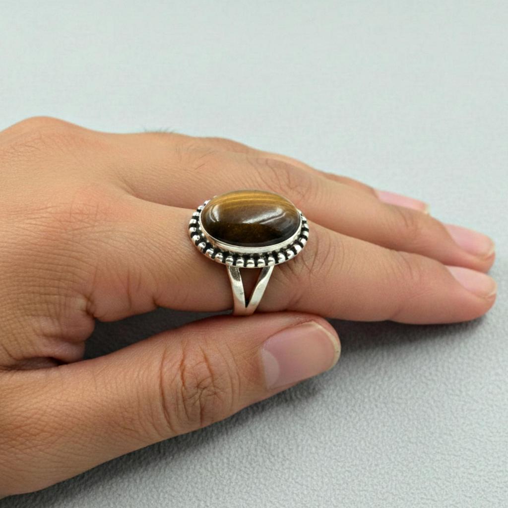 Tiger Eye Oval Statement Ring, 925 Sterling Silver Ring, Handmade Bohemian Ring