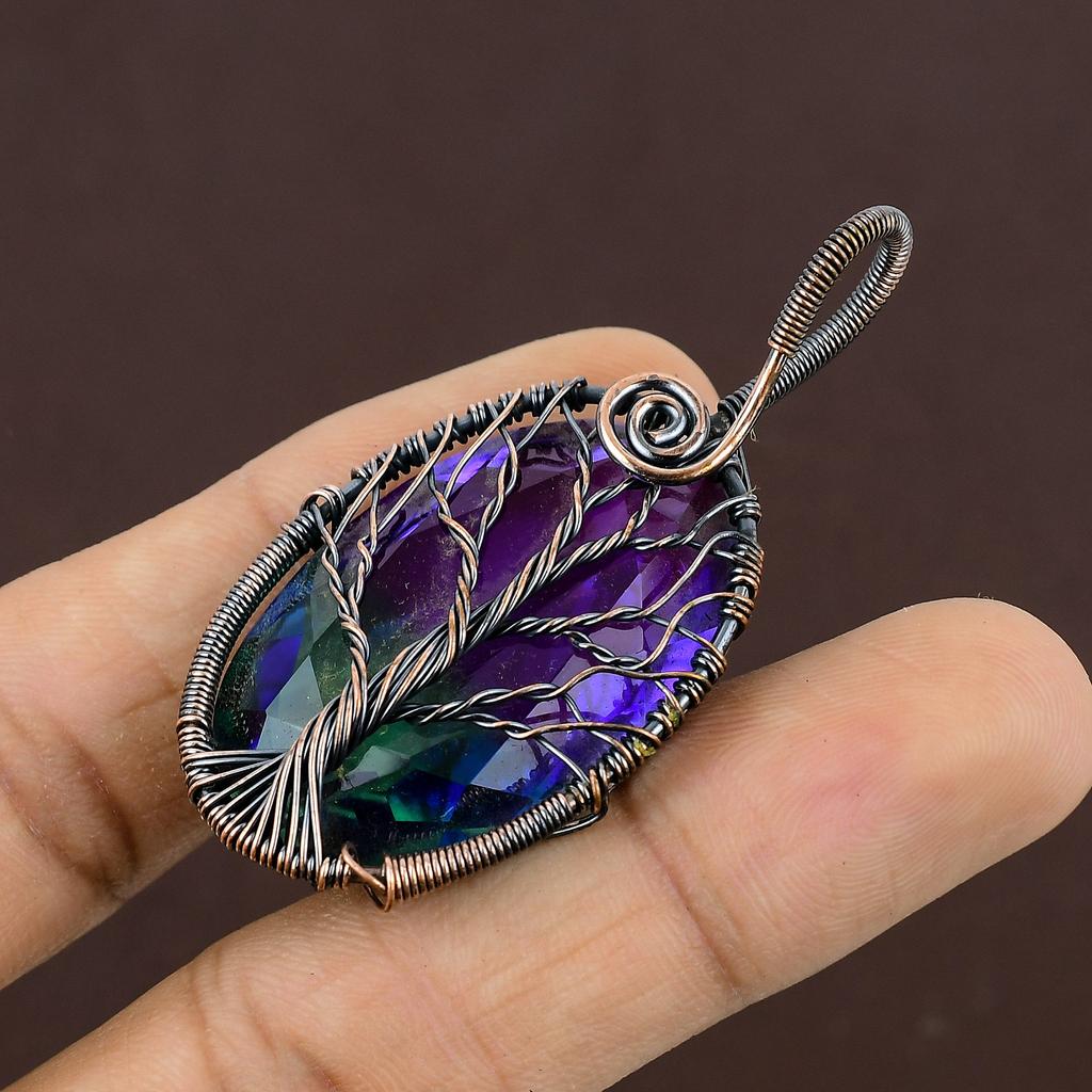 Turmalină Bicoloră Lucrată Manual cu Înfășurare din Sârmă de Cupru Bijuterie Pandantiv 2.4" g5A45