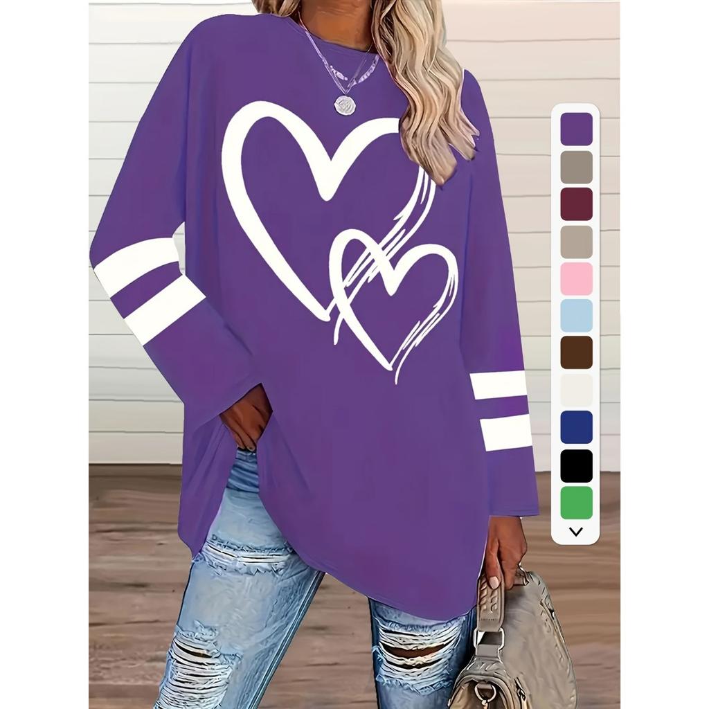 T-shirt da Donna Taglie Forti, Maglia Casual a Girocollo Manica Lunga con Stampa a Cuore, Abbigliamento da Donna Taglie Forti all'Ingrosso