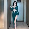 Sexy Strapless Cutout Slit Bodycon Long Sleeve Lingerie Dress for Women