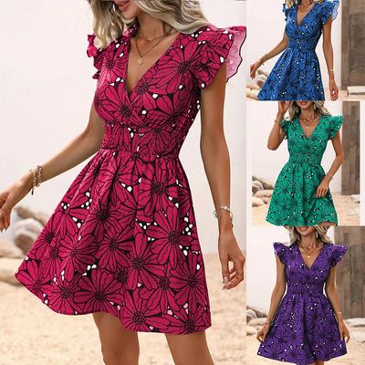 Ärmelloses Sexy Rüschenkleid Mode Damen Lässig Elegant Blumendruck V-Ausschnitt Schlankes Kleid Mädchen Frühling Sommer Streetwear