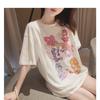 Women's Round Neck Short Sleeve Tee Loose Fit Cartoon Rainbow Bear Printed T-Shirt Cotton Summer Casual Mid Length Top